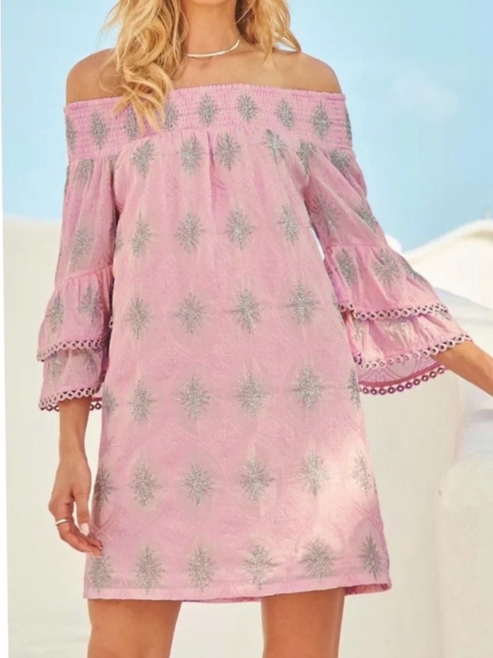 NWT Boston Proper Metallic Detail Off-The-Shoulder Dress Sz S Pink Smocked Neck